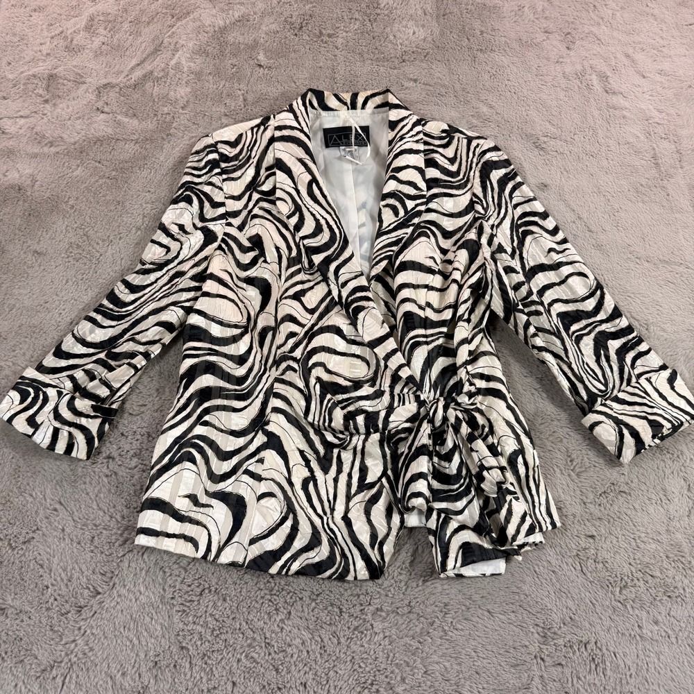 ALEX EVENINGS Women Zebra Party Blazer Jacket L Wrap Lined Blouse Shawl Collar